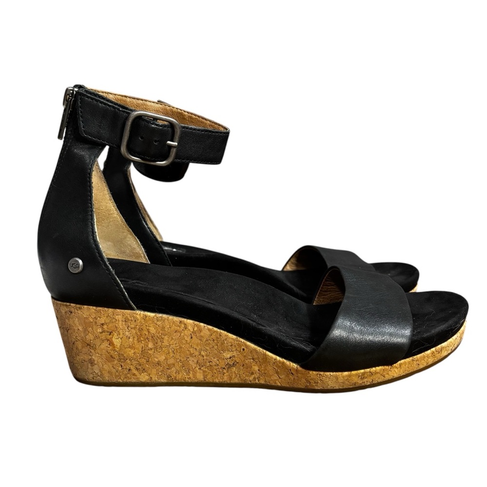 UGG Women's Zoe II wedge sandal, black leather, cork heel. Women’s 9.5